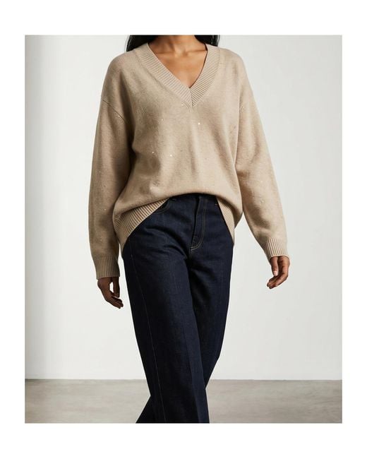 Brunello Cucinelli Natural Sequin-Appliqué V-Neck Sweater