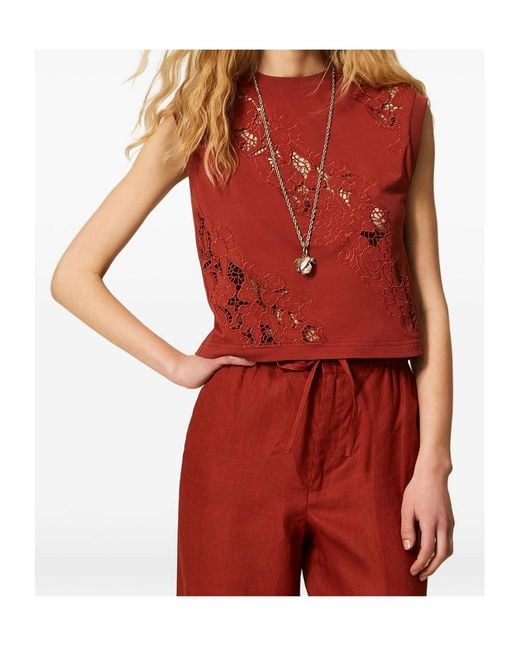 Twinset Red Broderie Sleeveless Top