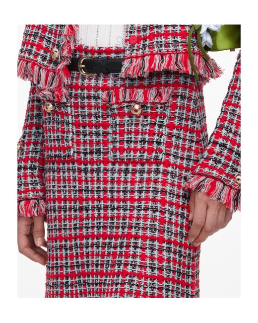 Self-Portrait Red Check Frayed Knit Midi Skirt