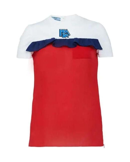 Prada Red Color Matching Design Lotus Leaf Edge T-Shirt