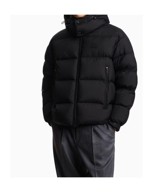 Emporio Armani Black Water-Repellent, Quilted Ripstop Nylon Hooded Down Jacket for men