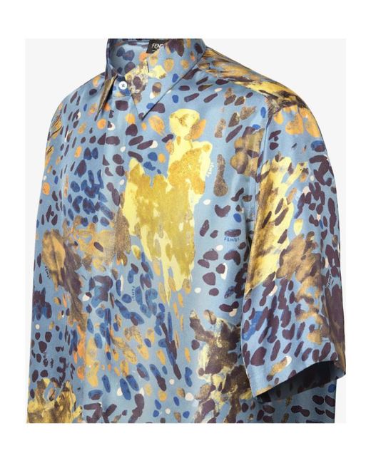 Fendi Blue Allover Falena Printed Short Sleeved Shirt for men