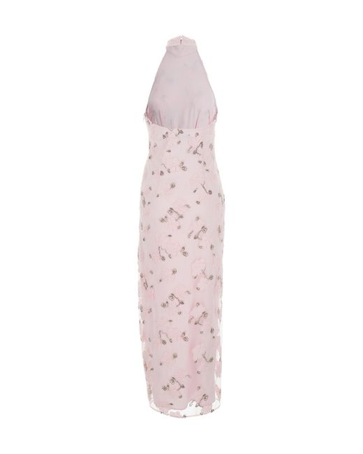 ROTATE BIRGER CHRISTENSEN Pink Long Dress With Open Back And Floral Beaded Details