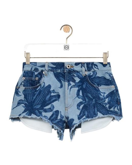 Loewe Blue Floral-Print Frayed Shorts