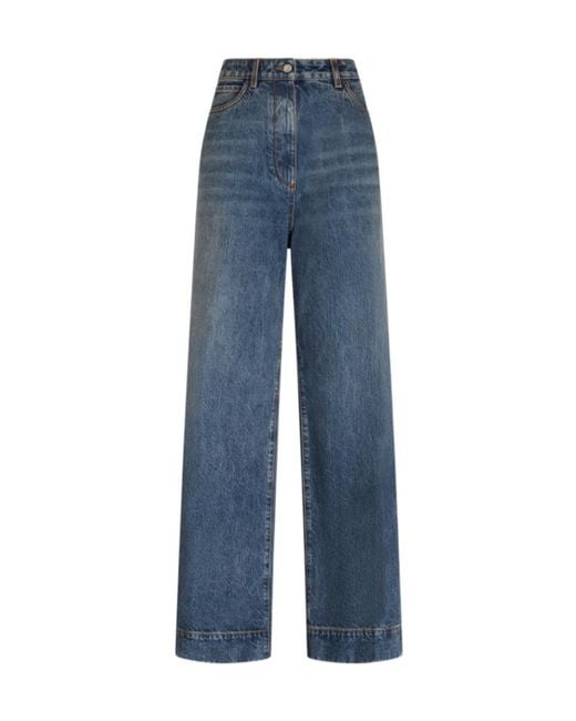 Etro Blue Logo Embroidered Wide-Leg Jeans