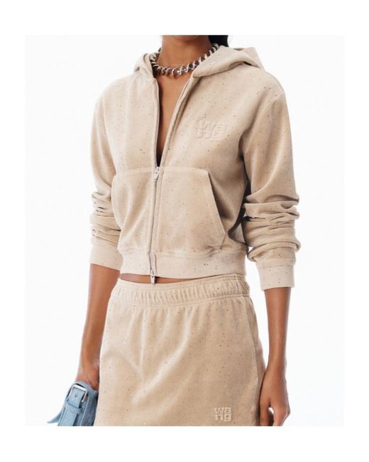 Alexander Wang Natural T By Embellished Hotfix Velour Shrunken Hoodie