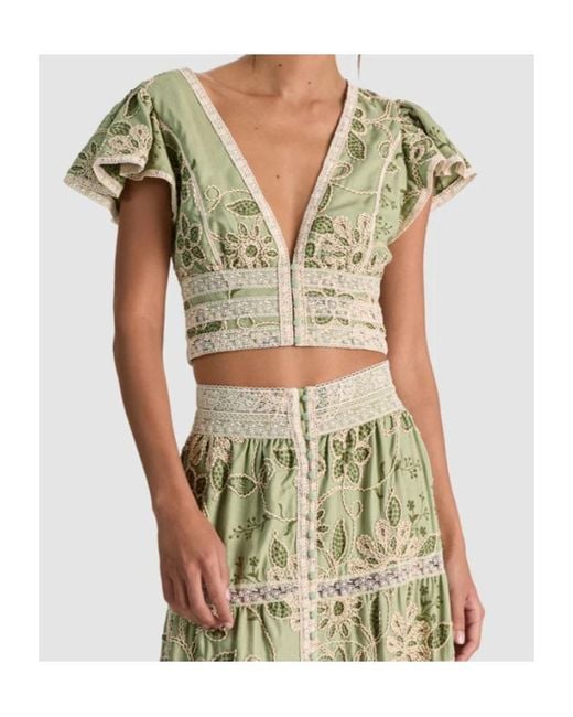 Alice + Olivia Green Keeley Embroidered Flutter Sleeve Top