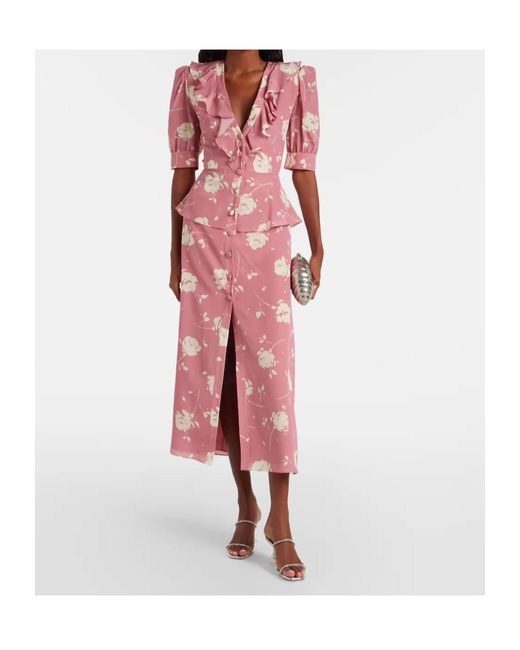 Alessandra Rich Pink Floral Ruffled Silk Midi Dress