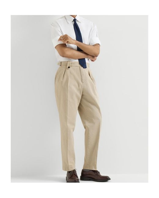 Brunello Cucinelli Natural Cotton Chevron Trousers With Double Pleats And Waist Tabs for men