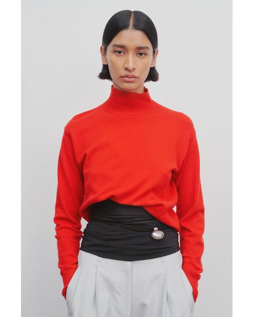 The Row Red High-Neck Asymmetrical Cashmere Sweater