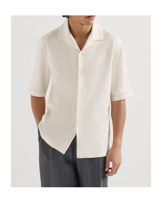 Brunello Cucinelli White Linen And Cotton Chevron Jersey Short Sleeve Shirt With Camp Collar for men
