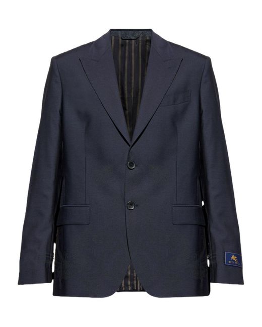 Etro Blue Single-Breasted Placed Motif Jacket for men
