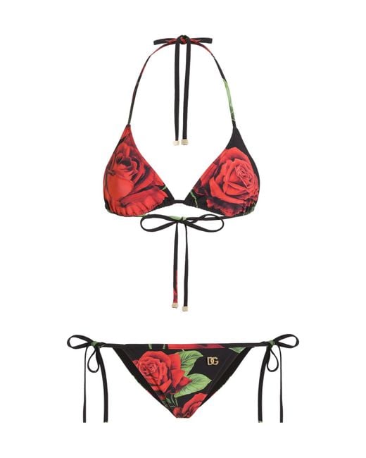 Dolce & Gabbana Red Rose-Printed Triangle Bikini Set