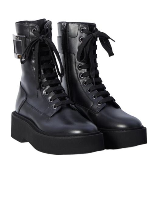 Roger Vivier Black Viv' Rangers Buckled Lace-Up Boots