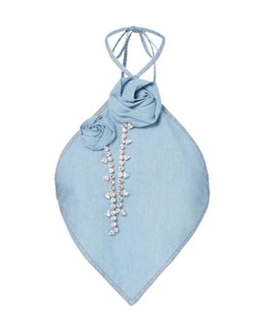 Area Blue Embellished Floral-Appliqué Cotton Top