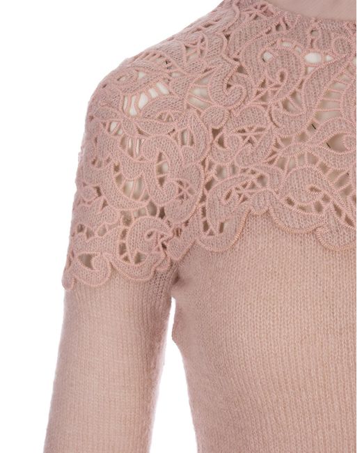 Ermanno Scervino Pink Guipure-Lace Long-Sleeve Jumper