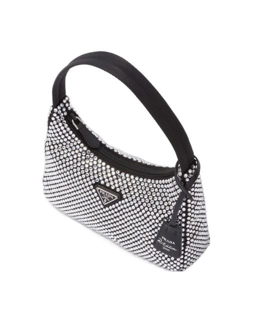 Prada Gray Re-Edition Mini Satin Bag With Crystals