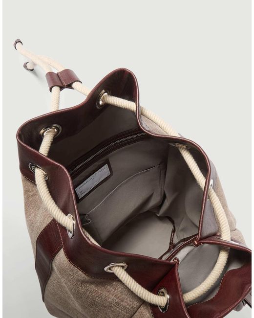 Brunello Cucinelli Brown Water-Resistant Canvas And Burnished Calfskin Drawstring Backpack for men