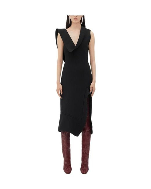 Bottega Veneta Black Structured V-Neck Midi Dress