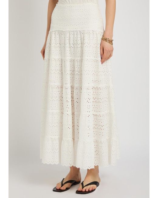 Rixo White Embroidered Cotton Midi Skirt