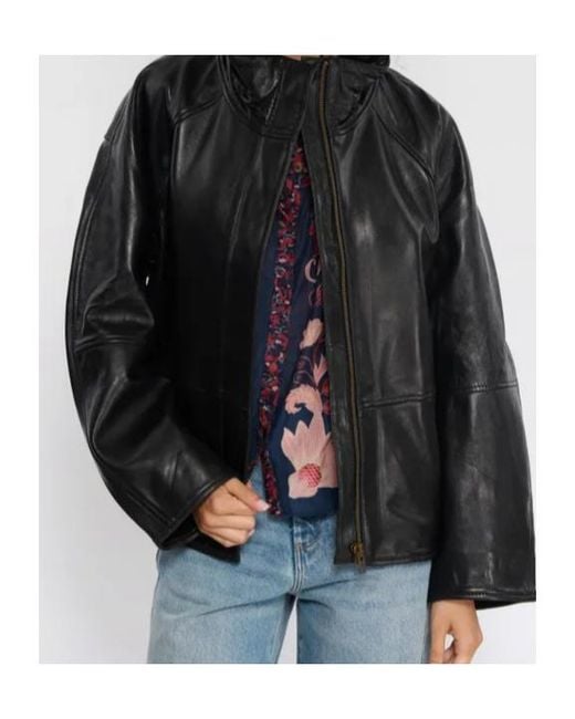Soeur Blue Stand-Collar Leather Jacket