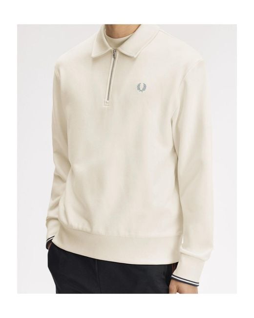Fred Perry White Half Zip Collared Sweatshirt for men