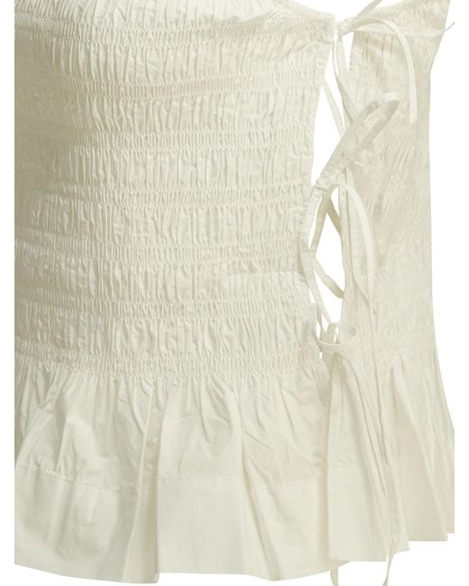 Ganni White Smocked Tie-Side Top