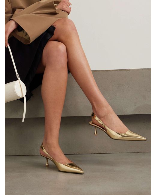 Jimmy Choo Natural Amel 50 Logo-Embellished Metallic Leather Slingback Pumps