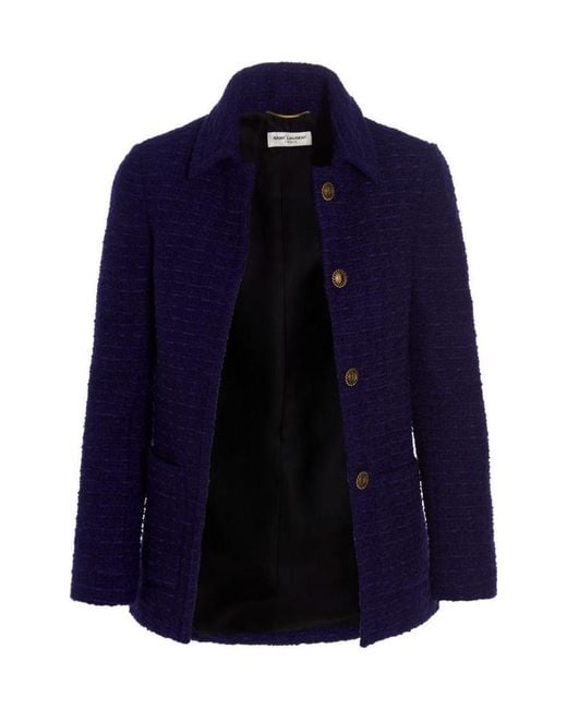 Saint Laurent Blue Fitted Tweed Blazer