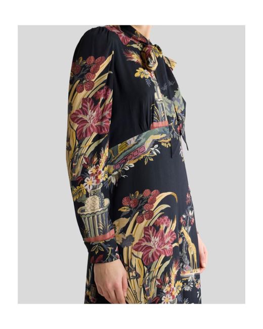 Etro Black Long Dress With Silk Scarf And Placed Flower And Animal Print
