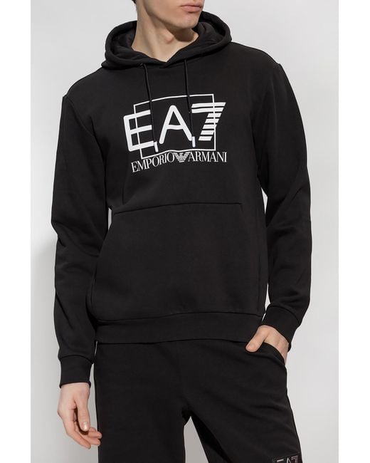 EA7 Black Logo-Print Drawstring Hoodie for men