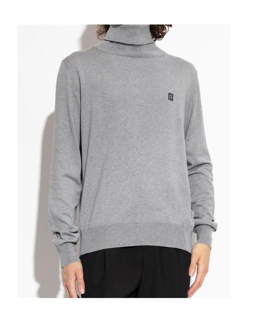Balmain Gray Logo Turtleneck Knitted Sweater for men