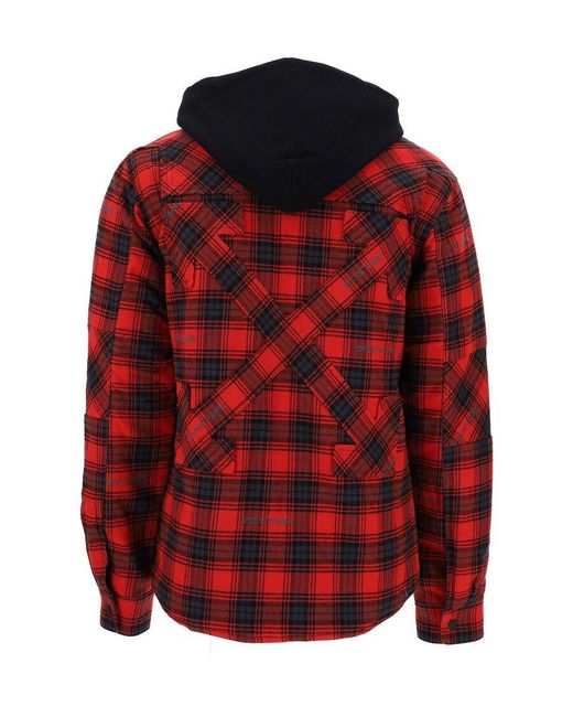 Off-White c/o Virgil Abloh Red Hooded Checked Shirt Jacket for men