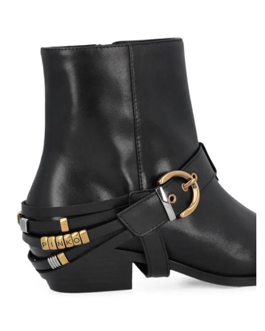 Pinko Black Buckle-Detail Leather Ankle Boots