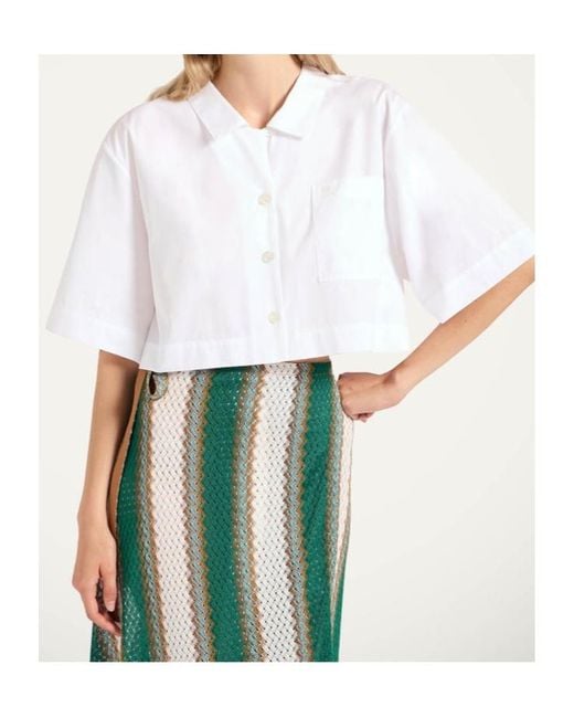 LaDoubleJ White Embroidered-Pocket Cropped Shirt