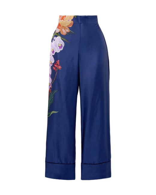 Borgo De Nor Blue High-Waisted Silk Wide-Leg Trousers