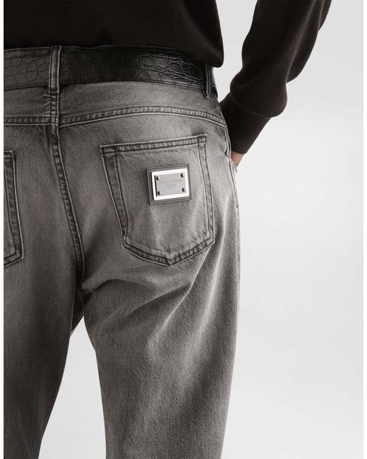 Dolce & Gabbana Gray Logo Plaque Distressed Jeans for men
