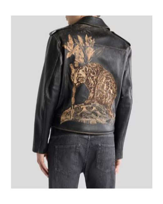 Etro Black Leather Biker Jacket With Placed Leopard Print for men
