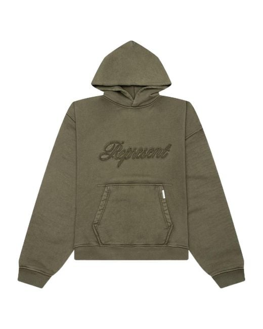 Represent Green Logo Embroidered Long Sleeved Hoodie for men