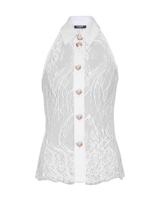 Balmain White Lace Halterneck Buttoned Top