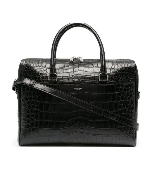 Saint Laurent Black Crocodile-Effect Leather Briefcase for men