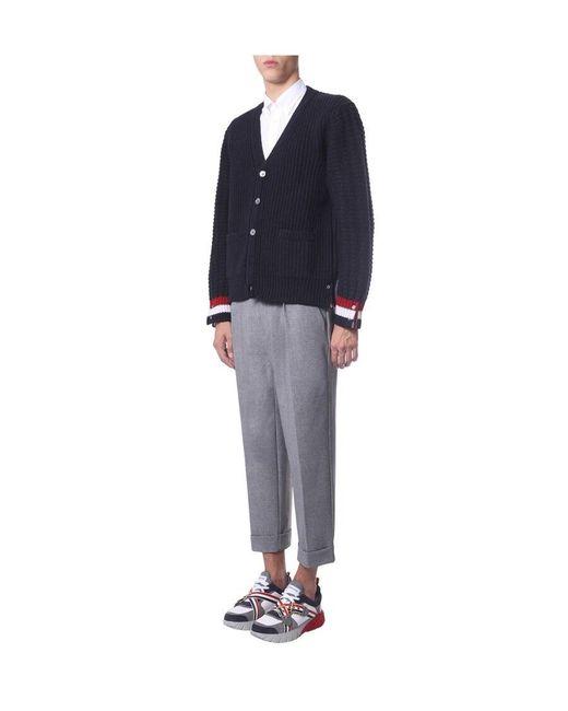 Thom Browne Blue V-Neck Knitted Cardigan for men