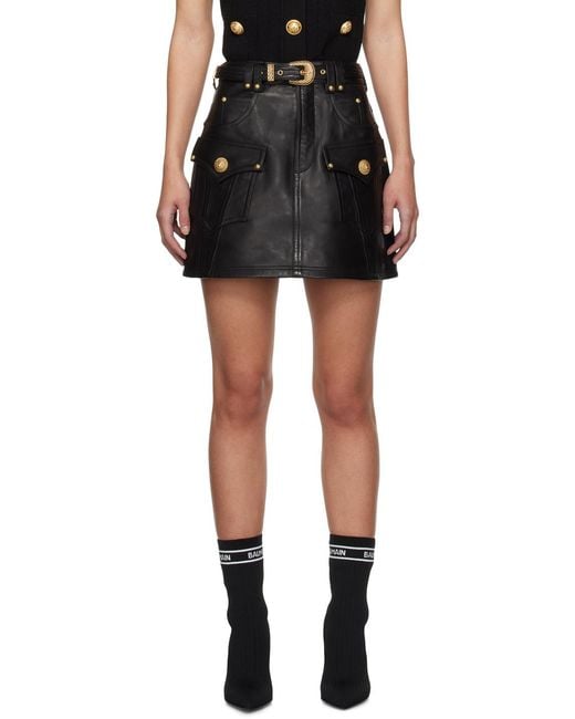 Balmain Black Western Leather A-Line Skirt