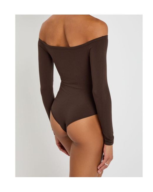 Alaïa Brown Off-The-Shoulder Stretch-Nylon Bodysuit