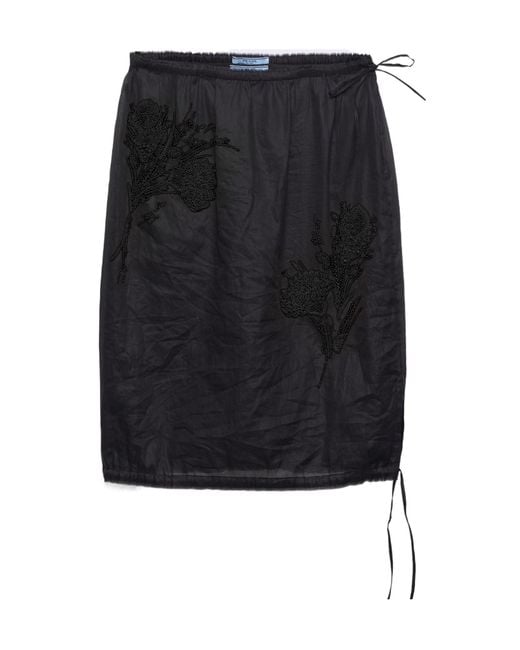 Prada Black Embroidered Organdy Midi-Skirt