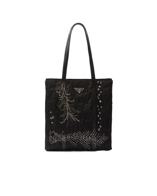 Prada Black Medium Re-Nylon Patchwork Tote Bag With Embroidery