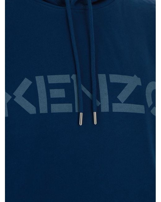 KENZO Blue Logo-Print Cotton Hoodie for men