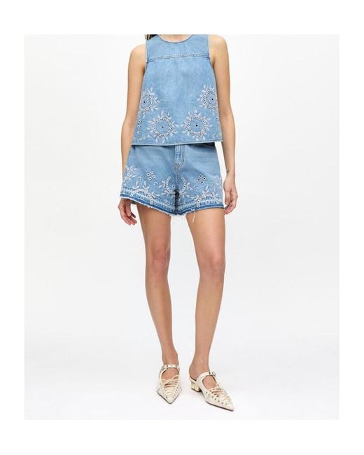 Ganni Blue Broderie Anglaise Denim Shorts