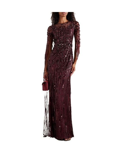 Jenny Packham Purple Ruby Cape-Effect Embellished Tulle Gown