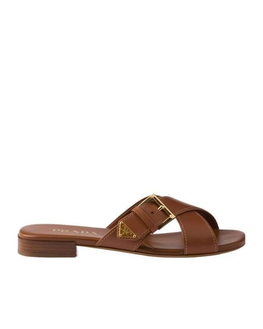 Prada Brown Logo Plaque Buckled Sandals